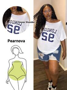 Truni Plus Size London 92 Graphic Plus Size Loose Shoulder T-Shirt, White Graphic Tees Women Tops