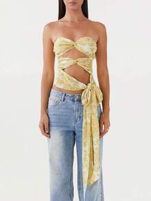 Women Ruched Tube Top Hollow Out Twist Knot Tie Up Strapless Crop Top  Going Out Summer Tops - 黃色 - 查看 4
