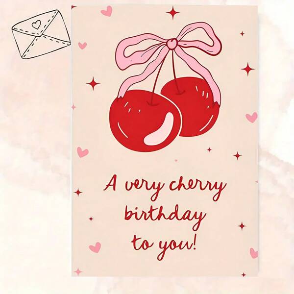 1 cartão de aniversário fofo com tema de cereja e envelope, 11,8 x 16,2 cm - Papel de alta qualidade, perfeito para família, filho, filha, namorada e colega de classe - Design "Um Aniversário Muito Cereja para Você!" com fita rosa e estrelas, ideal para todas as ocasiões. Cerejas são