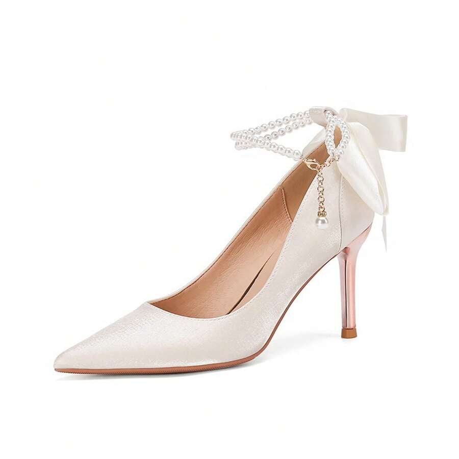 French Style Comfortable Satin White Stiletto Heels Everyday Wear - Champagne 8CM - View 1