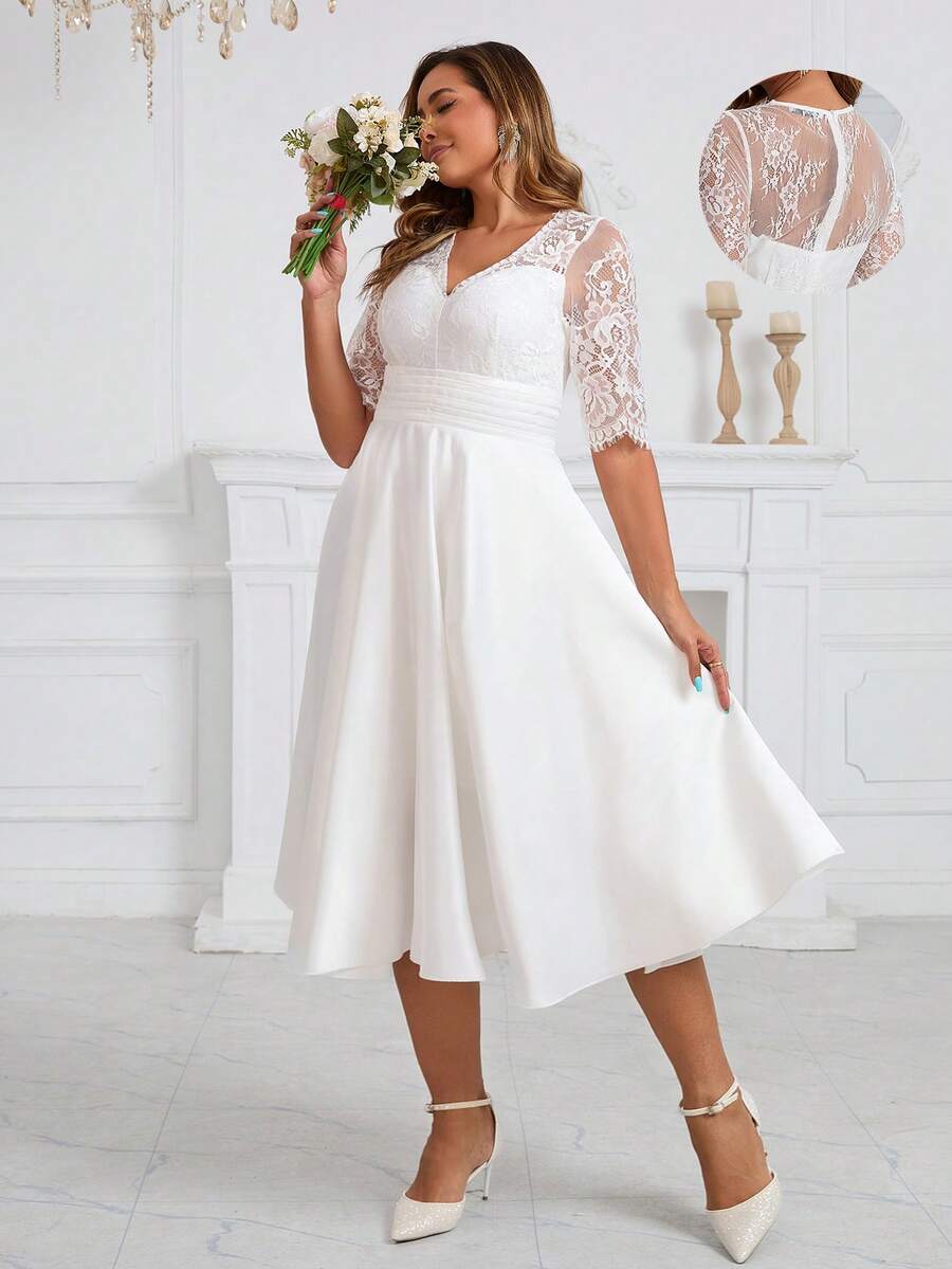 Women's Bridal Gift Party Dress, Elegant And Romantic Lace V-Neck Short Sleeved Satin Sexy Medium Length Evening Gown