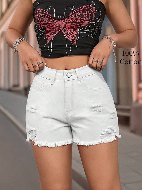 Fashionable Washed High Waist Distressed Frayed Hem Denim Shorts