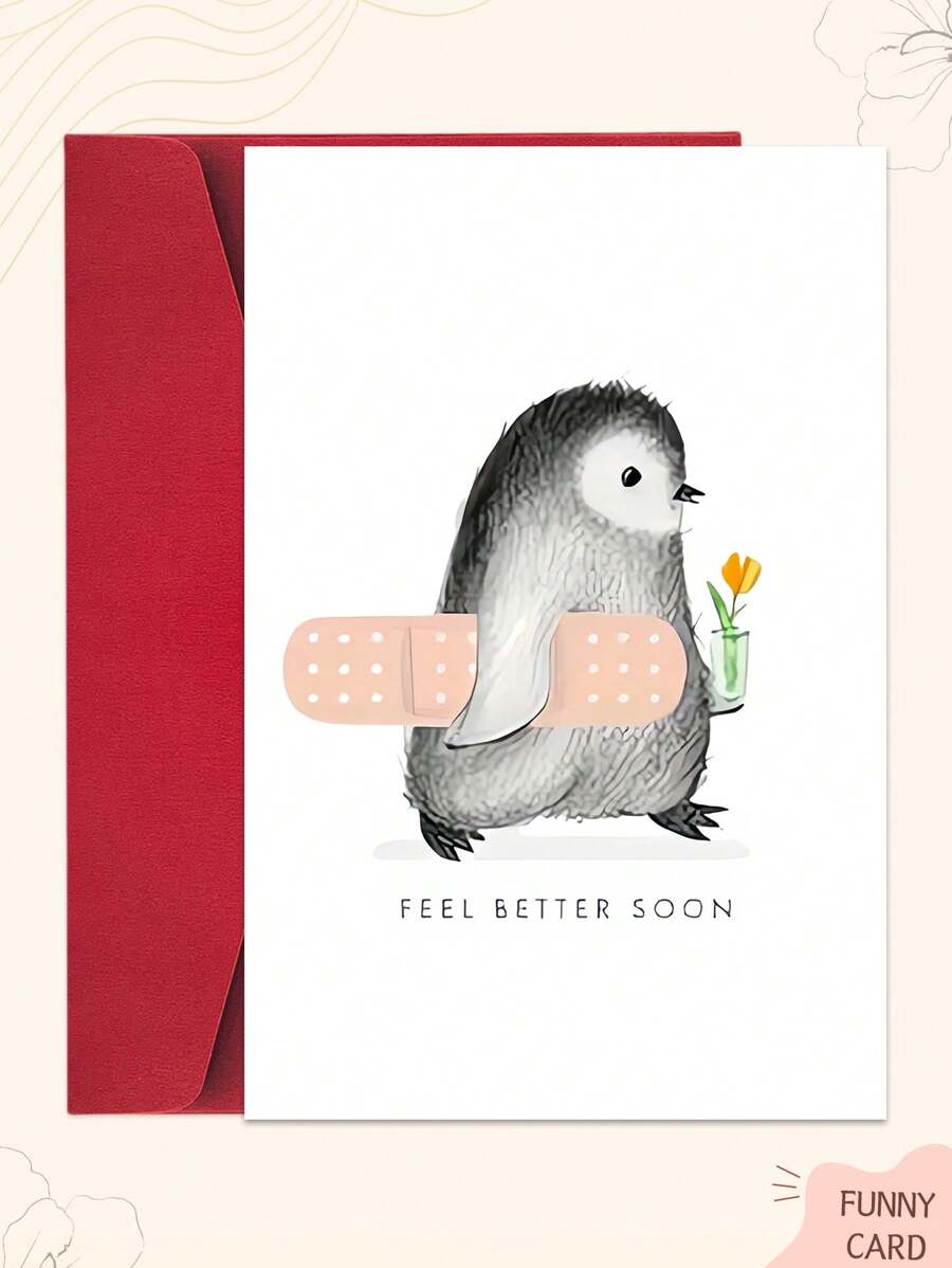 1PC Cute Penguin Encouragement Greeting Card With Envelope: The "Get Well Soon" Encouragement Message Paired With Adorable Penguins Is Perfect For Expressing Gratitude, Motivation, Or Recovery Wishes. A Penguin-Themed Gift