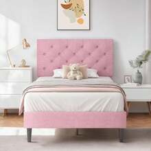 Twin Size Bed Frame With Headboard, Pink Upholstered Linen Fabric Bed Frame With Wooden Slats, Twin Bed Frames For Girls, Button Tufted Design, No Box Spring Needed, Pink - 1 - View 2