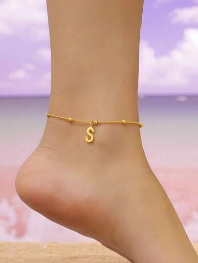 MONALLY 18K guldpläterat rostfritt stålhalsband med 26 bokstäver, trendigt guldfärgat fotlänk med kulkedja, födelsedagspresent lämplig för sommarsemester, resor, strand, fest