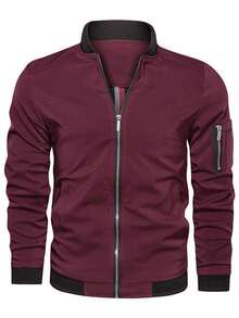 Men's Spring And Autumn Jacket, Zip-Up Jacket With High Collar, Classic And Simple Jacket, Gift For Friends, Husband, Boyfriend. - Màu Đỏ Sâu - Xem 2