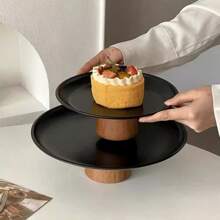 1pc Stainless Steel Cake Stand With Wooden Base, Multi-Functional Dessert Display Plate, Fruit Tray Suitable For Dining Table Decor, Home And Kitchen Use, Ramadan