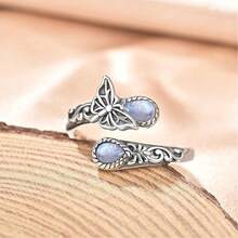 1 buc. Inel deschis ajustabil cu libelulă vintage în stil boem, piatră de lună, potrivit pentru femei, îmbrăcăminte zilnică, cadou de zi de naștere - Argint antic - Vizualizare 5