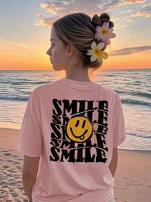 1 Peça Camiseta de Manga Curta de Gola Redonda com Estampa Facial Casual para Meninas Pré-Adolescentes, Camiseta de Verão para Estudantes Jovens - Camiseta com Design Artístico que Inspira Imaginação e Autoexpressão