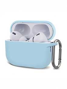 1pc Solid Color Silicone Earphone Case Compatible With AirPods, With Carabiner - Baby Blue - View 1