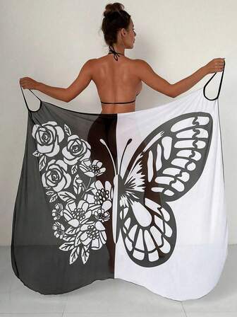 1pc New Butterfly Pattern Chiffon Scarf Shawl, Sexy Mesh Coverup Sarong With Tassels, Black & White Floral Print For Beach Wear, Adjustable Side Tie Design, Semi-Transparent For Pool, Beach And Casual Outings