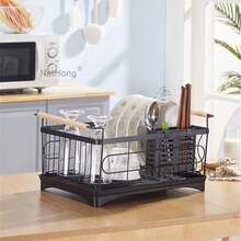 Sleek Modern Dish Rack - Black Metal & Natural Wood Kitchen Organizer (46x31x23cm) | Spacious Countertop Drying Rack With Wooden Handles - Black - View 8