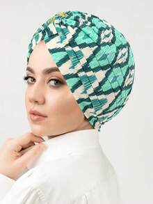 1pc Muslim Printed Headscarf Cap, European & American Style Floral Fabric Turban Hat, Pleated Design For Women For Dress - A - View 19