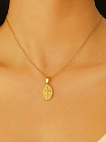 1 pièce Collier mode rétro en acier inoxydable croix, pendentif ovale creux avec chaîne en arête de poisson, convient pour un port quotidien, pour les fêtes et les festivals