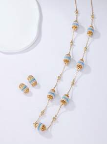 Set de 3 piezas de joyas: Pendientes con perlas en forma de huevo al estilo bohemio y medio oriental para el Ramadán, y un collar largo, como accesorios para vestidos formales de mujer