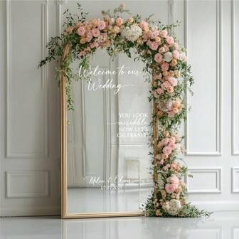 1 PIEZA Calcomanía de letrero de bienvenida de boda, texto personalizable, calcomanía "Hola amigos", nombres y fecha, calcomanía de vinilo para espejo de selfie de boda, SOLO CALCOMANÍA, Actividades artísticas para niños