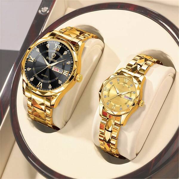 2 pièces/Set Montres de couple cadeaux pour hommes et femmes, bracelet en acier inoxydable, cadran or, argent, bleu, affichage du calendrier semaine en anglais, date, échelle de diamant, étanche 50 m, mouvement à quartz importé du Japon. Cadeau pour les amoureux, les parents, anniversaire, Saint-Valentin, rentrée scolaire, luxe