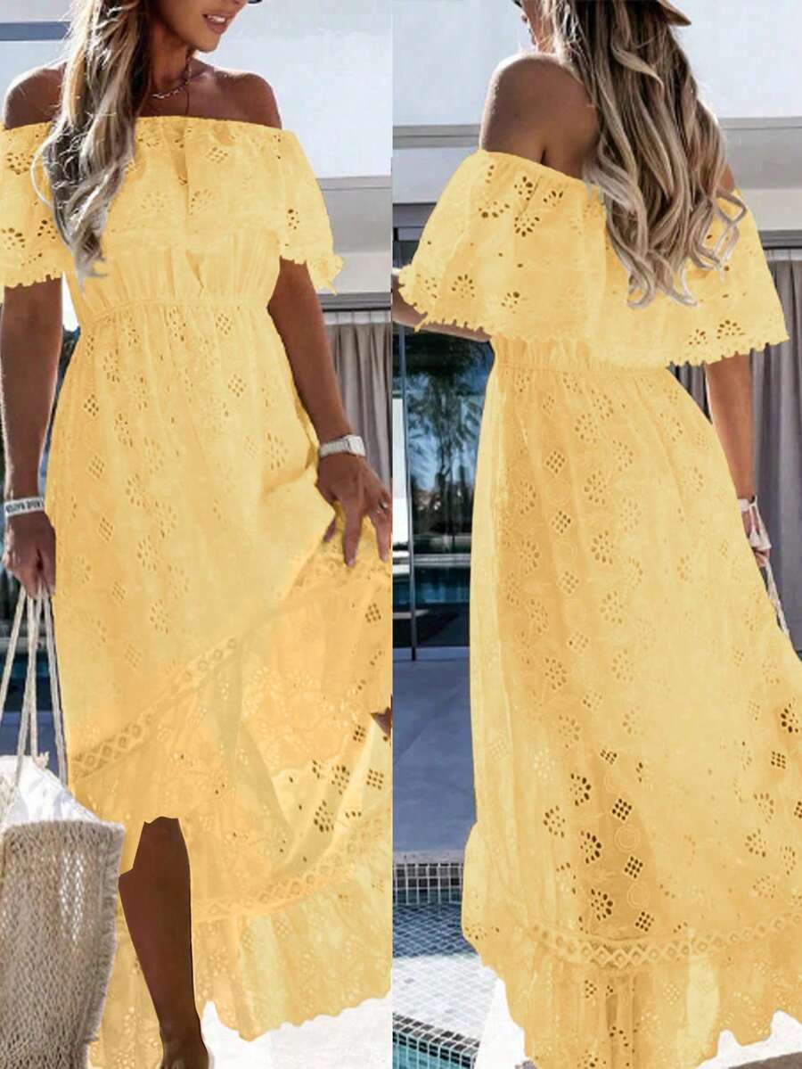 Váy dài hở vai thêu ren khoét rỗng phong cách Boho, trang phục thường ngày cho kỳ nghỉ bãi biển, mùa xuân/hè - Màu vàng - Xem 1