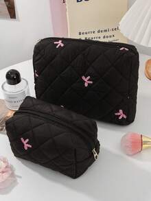 1 件/套甜美酷炫粉色蝴蝶结黑色背景绗缝女孩洗漱化妆包套装，大容量防污化妆包化妆袋，轻盈蓬松填充洗漱包，适合日常使用，节日旅行返校用品，宿舍必需品旅行必需品，生日礼物