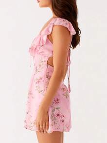 Women Ruffle Mini Dress Y2k Sleeveless V Neck Backless Tie-Up Floral/Dots A-Line Dress For Summer Vacation - 粉色 - 查看 3