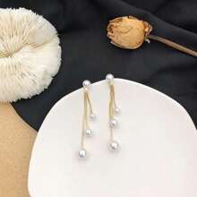 1 pieza de aretes de cadena con perla y borla de estilo minimalista y vintage, aretes elegantes de moda para mujer, aptos para boda, regalo de dama de honor, perla blanca