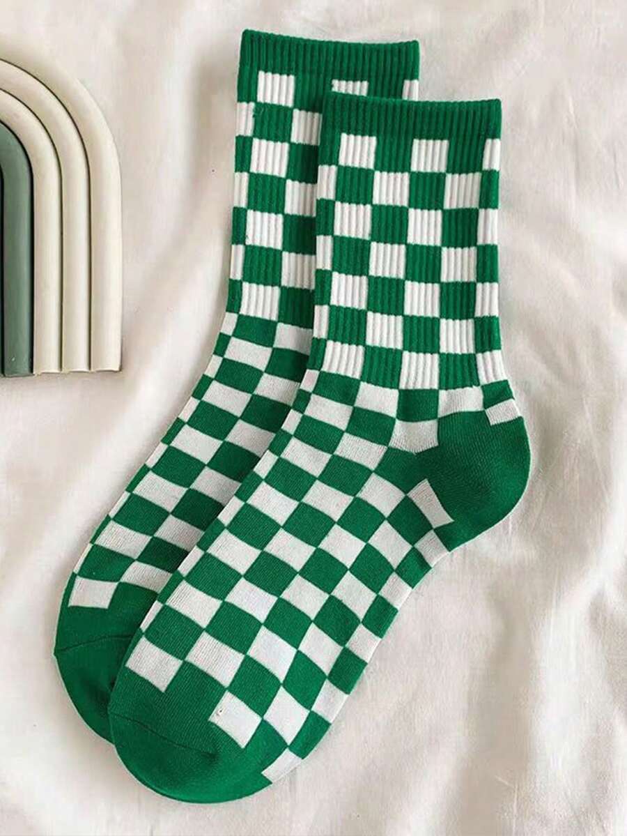 1 Pair Solid Color Checkerboard Pattern Unisex Mid-Calf Socks, Casual Sports Outdoor Wear, Fall - Green - View 1