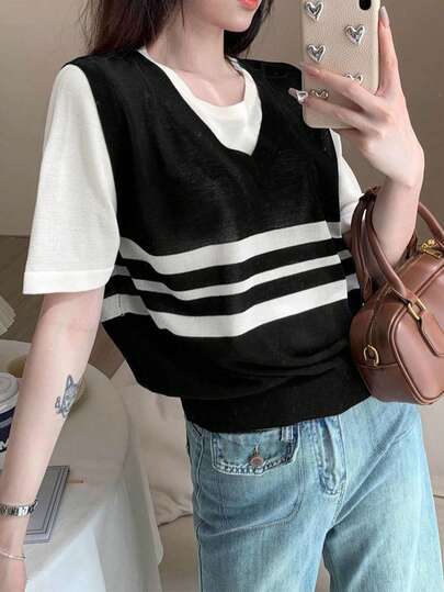 韩版学院风撞色二合一短袖T恤，女款夏季新款圆领套头短款针织上衣，