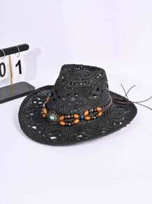 1 buc. Pălărie Panama din paie țesută manual pentru femei, pălărie de soare în stil cowboy cu bor larg, ideală pentru ținute casual, activități în aer liber, vacanță și camping