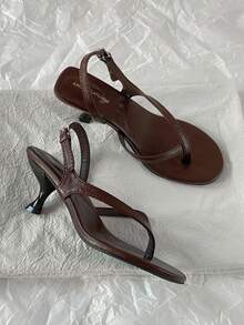 French Style Peep Toe Stilettos Women High Heel Sandals, Summer New Leather Ankle Strap Kitten Heel Slide Sandals - Brown - View 2