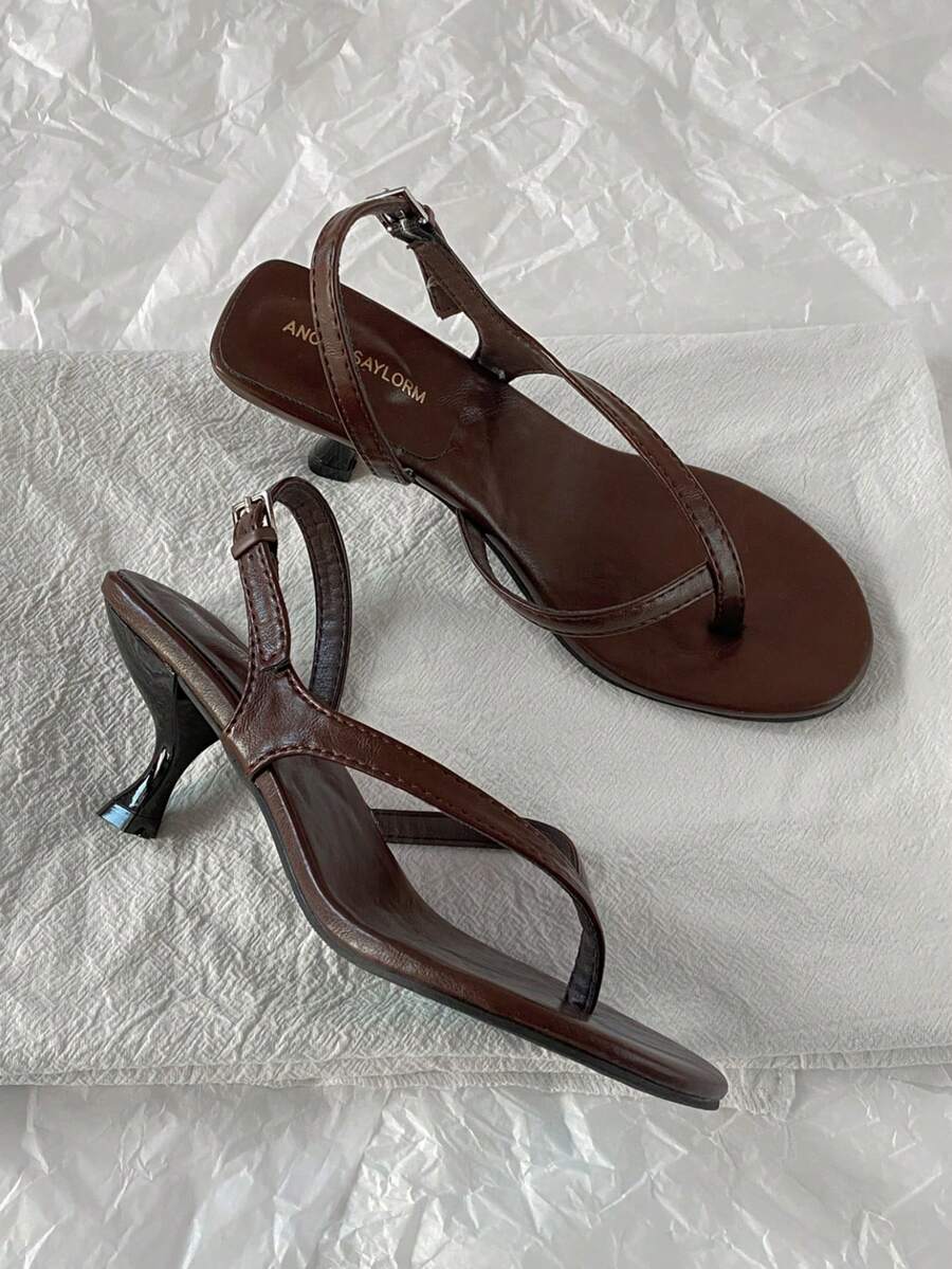 法式露趾细高跟女式凉鞋，夏季新款真皮踝带小猫跟拖鞋，人字拖