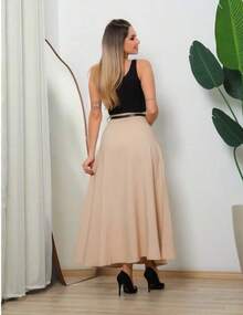 Women's Long Round Skirt Tailored Oxford Fashion Evangelical Casual Basic Winter High Waist Elegant - 米色 - 查看 3