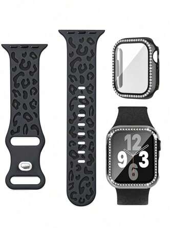 1set 3-In-1 Fashion New Silicone Carved Leopard Print Watch Band, Screen Protector Film And PC Protective Case With Diamonds Compatible With Apple Watch 38mm 40mm 41mm 45mm 44mm 42mm 49mm Compatible With Apple Watch Ultra Series Ultra 9 8 7 6 5 4 3 2 1 SE, Comfortable & Breathable Wristband, Scratch-Resistant, Waterproof, Shockproof Watch Protector Case For Women And Men