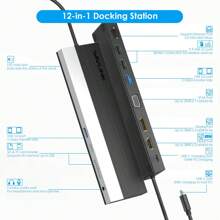 USB C 12-In-1 Hub/ Docking Station, Triple Display Type-C Hub With HDMI, Display Port And VGA, Ethernet, MicroSD And SD Card Reader, 3.5mm Audio Jack And 2 USB 3.0 & 2 USB 2.0 Ports, For Windows / And More