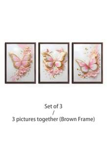 3Pcs/Set, Optional Frame, High Quality Print Painting, Modern Style, Butterfly, Pink, Gold, Flowers, Three-Dimensional Craft, Sweet Style, Home Decoration, Decorative Painting, Suitable For Living Room, Sofa, Bed, Hallway, Bedroom, Bathroom, Office, Perfect Art Gift