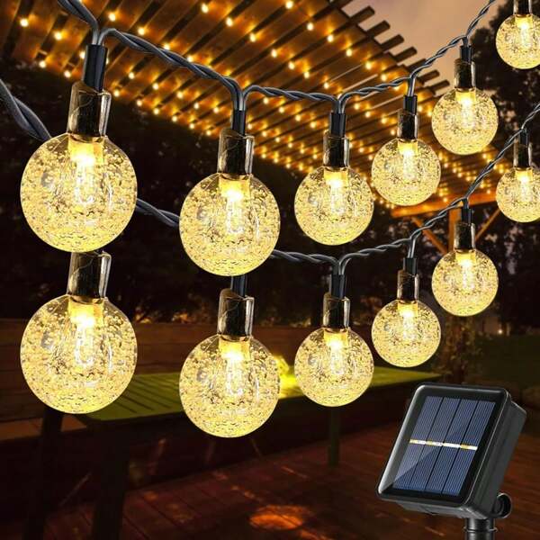 Cordão de luzes de fadas para áreas externas com energia solar de 5/12 m, cordão de luzes decorativas à prova d'água em formato de bola de cristal, 8 modos ajustáveis, adequado para jardim, gramado, pátio, gazebo, quintal, áreas externas, casamento, decoração de Natal