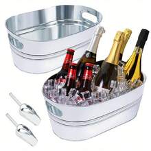 2 Pack Galvanized Tub 4 Gallon Ice Bucket With 2 Ice Scoops For Parties Metal Beverage Buckets With Handles Wine Beer Champagne Vintage Buckets For Cocktails Mimosa Bar Supplies - 銀色 - 查看 1