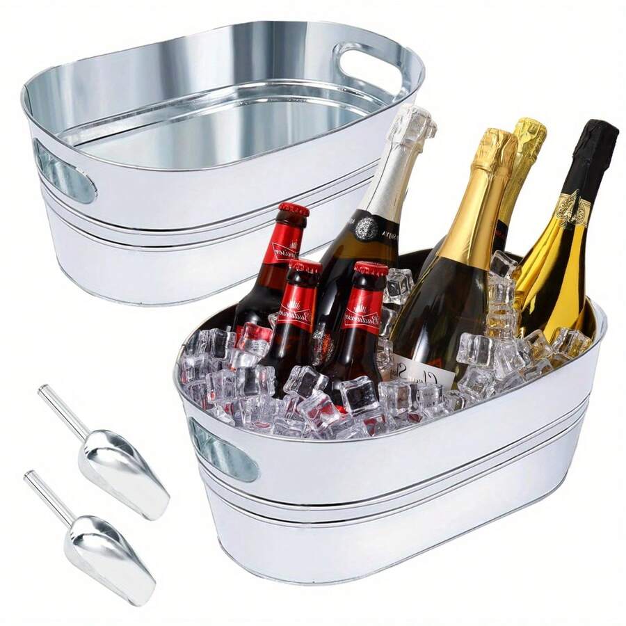 2 Pack Galvanized Tub 4 Gallon Ice Bucket With 2 Ice Scoops For Parties Metal Beverage Buckets With Handles Wine Beer Champagne Vintage Buckets For Cocktails Mimosa Bar Supplies - 銀色 - 查看 1