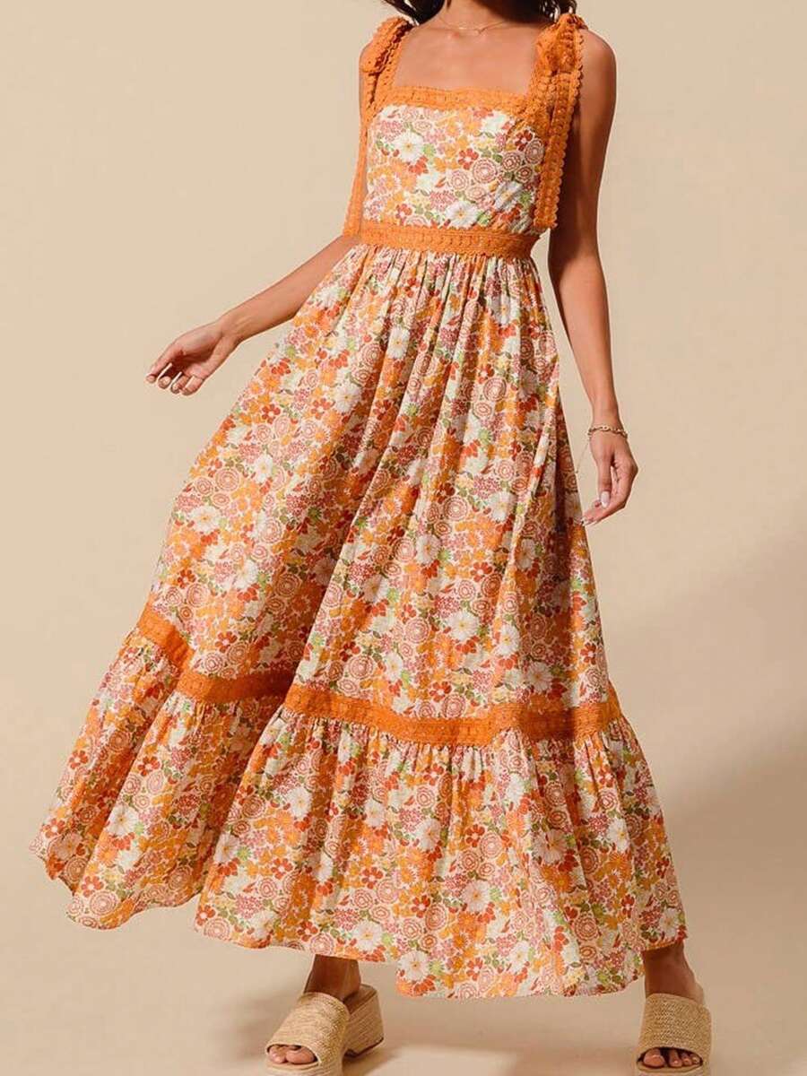 Women's Summer Casual Floral Pattern Long Loose Dress Suitable For Summer Casual Wear - 橘色 - 查看 1