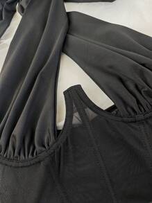 1pc Sheer Mesh Sexy Bustier Crop Top, Lace-Up Spaghetti Strap Corset Vest For Party