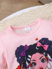 Set de 2 piezas, Conjunto adorable para niñas, de tela suave, transpirable y cómoda, con estampado de personajes de dibujos animados en la parte superior de cuello redondo y manga corta, y pantalones largos con gráfico de corazón, adecuado para uso casual, diario, vacaciones y fiesta