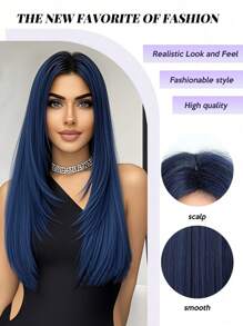 Parrucca lunga 26 pollici di colore blu scuro per donne, capelli sintetici lunghi e lisci tessuti a macchina con riga centrale, parrucca sintetica a onde naturali resistente al calore per uso quotidiano, feste, cosplay e tutti i giorni