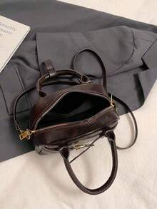 复古咖啡棕色顶部手柄女士保龄球包，全新肩带设计，小巧休闲斜挎包，带结饰，可装手机和零钱包，情人节礼物