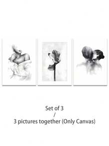 3Pcs/Set, Optional Frame, High Quality Print Painting, Modern Style, Ink Painting Style, Characters, Flowers, Black, White And Gray Tones, Simple Art, Wall Art Poster, Home Decoration, Decorative Painting, Suitable For Living Room, Sofa, Bed, Hallway, Bedroom, Bathroom, Office, Perfect Art Gift