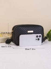 1pc Black Quilted V-Embossed Mini Square Crossbody Bag For Women, Fashion Versatile Shoulder Messenger Camera Bag With Gold Metal Decor