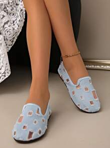 Sapatos Casuais de Denim de Cor Sólida para Mulheres, Sapatos Respiráveis e Antiderrapantes de Bico Redondo, Sapatos Planos Clássicos Vazados para Mulheres, Sapatos Casuais de Cano Baixo com Capuz de Cor Sólida, Sapatos Confortáveis para Mulheres, Sapatos para Uso Externo