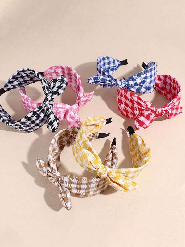 Nuevo diseño de diadema de tela a cuadros con lazo y orejas de conejo, accesorio de pelo versátil, de moda, lindo y dulce