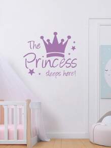 1pc Crown Wall Decals Princess Sleep Here Wall Stickers Little Crown Star Art Quotes Wall Decal Removable DIY Mural Art Words With Flower Quotes Vinyl Decal For Home Decorations, For Girls Bedroom Living Room Nursery Home Background Decoration, Rama Decoration Stickers Gifts Birthday Graduation