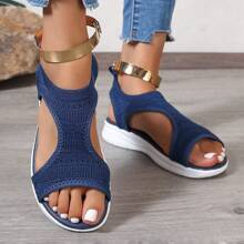 Sandalias deportivas de punto, sandalias con suela gruesa en blanco y negro, sandalias de estilo bohemio de retazos con diseño hueco para vacaciones, calzado casual de suela blanda para playa y verano para mujeres