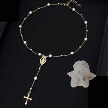 1pc Vintage Cross & Virgin Mary Pendant Y-Necklace With Faux Pearl, Women Accessory For Party And Everyday Wear (Random Pearl Quantity)