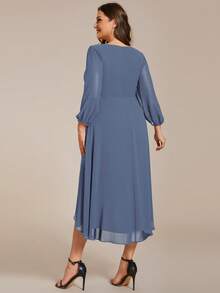 Plus Size Women's Chiffon A-Line Asymmetric Hem V-Neck Long Sleeve Ruched Mid-Length Wedding Guest Bridesmaid Dress - Dusty Blue - View 3